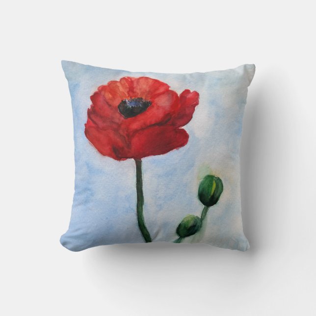 Red Poppy Flower Watercolor Throw Cushion Kudde (Framsida)