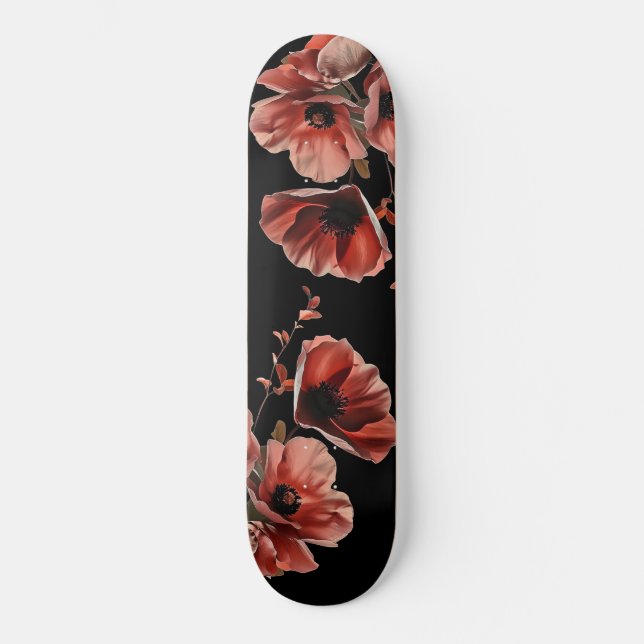 Red Poppy Flowers Black Mini Skateboard Bräda 18,5 Cm (Framsida)