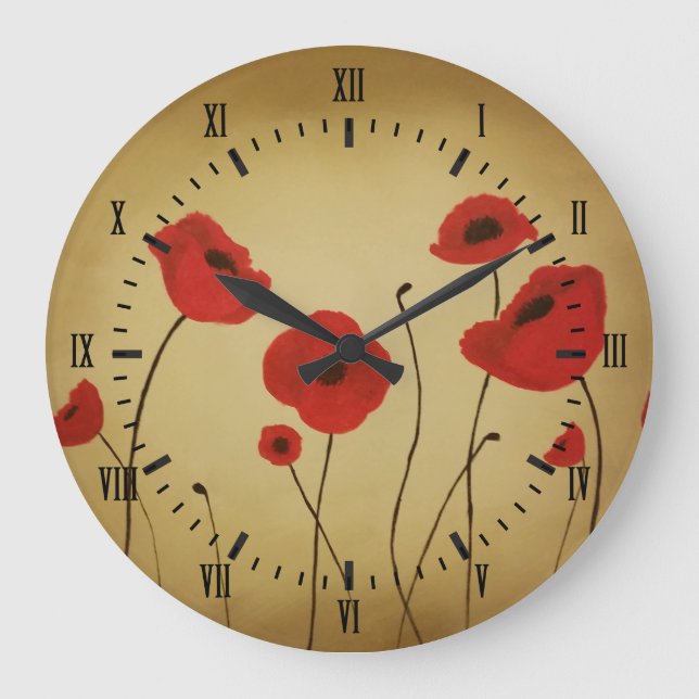 Red Poppy Flowers Black Roman Numerals Stor Klocka (Framsida)