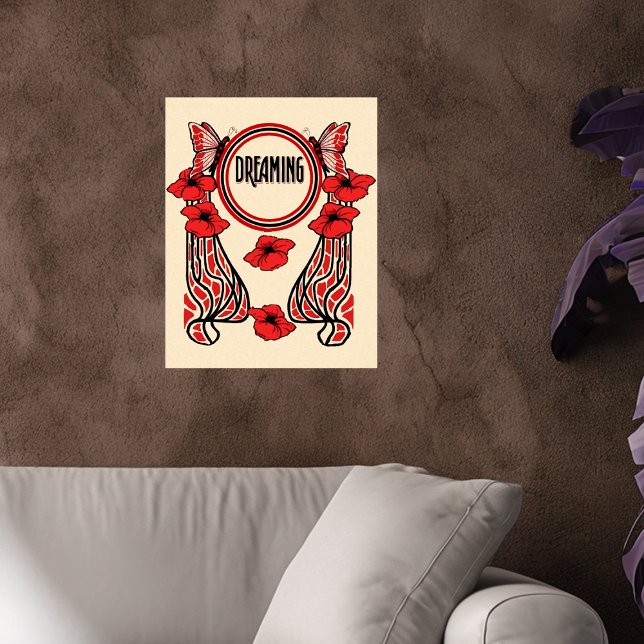 Red Poppy Flowers Butterfly Abstrakt Dreaming Poster (Abstract bold design red Black with butterflies and flowers with Dreaming text on cream wall poster.)