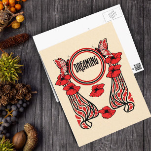 Red Poppy Flowers Butterfly Abstrakt Dreaming Vykort