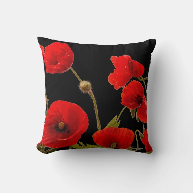 Red Poppy Flowers Colorful Blommigt Abstrakt Black Kudde (Framsida)