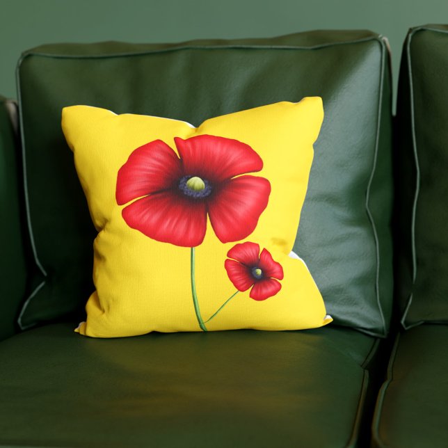 Red Poppy Flowers Golden Gult Dekorativ kudde (A pretty poppy pillow just for you)