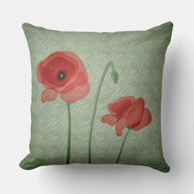 Red Poppy Flowers Grönt Filigree Abstrakt Kudde (Framsida)