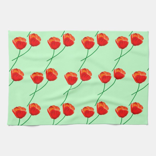 Red Poppy Flowers Heart Blek Grönt Kökshandduk (Horisontell)