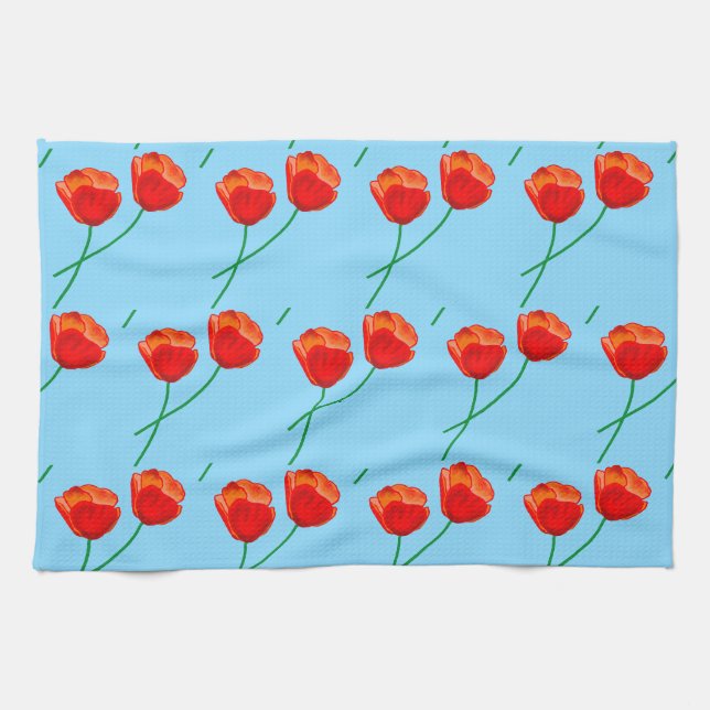 Red Poppy Flowers Heart Himlar Blue Kökshandduk (Horisontell)