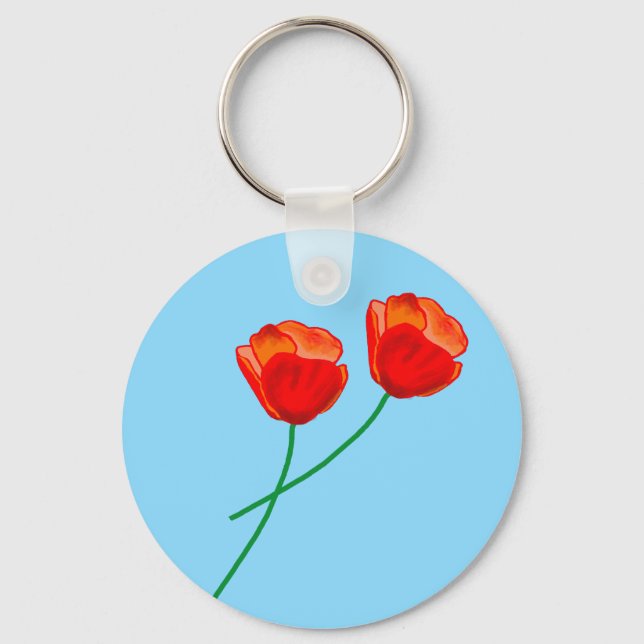 Red Poppy Flowers Heart Himlar Blue Nyckelring (Framsida)