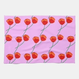 Red Poppy Flowers Heart Pastel Lilac Kökshandduk