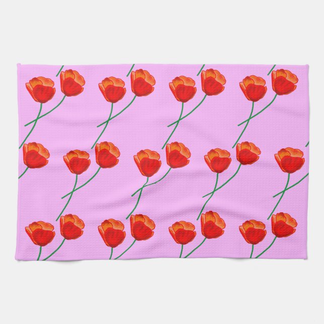 Red Poppy Flowers Heart Pastel Lilac Kökshandduk (Horisontell)