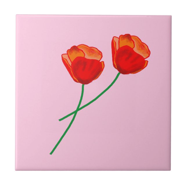 Red Poppy Flowers Heart Pastel Rosa Kakelplatta (Framsidan)