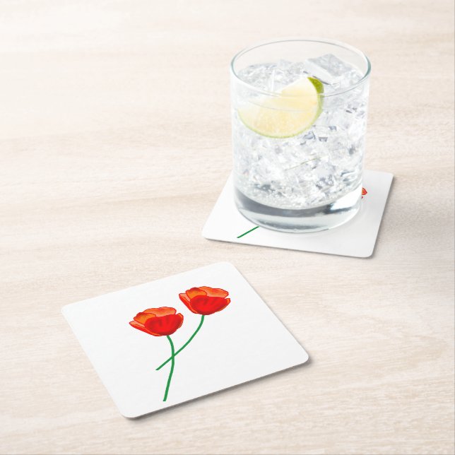 Red Poppy Flowers Heart Underlägg Papper Kvadrat (Insitu)