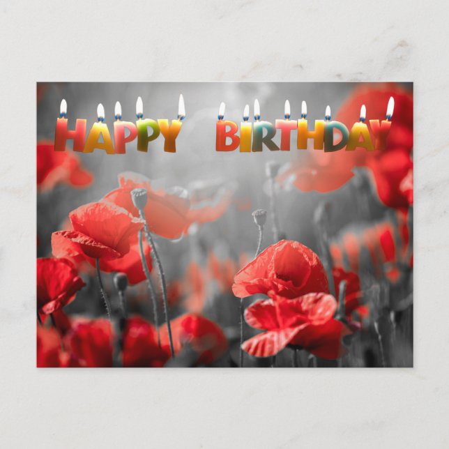 Red Poppy Flowers och Grattis på födelsedagen Cand Vykort (Framsida)