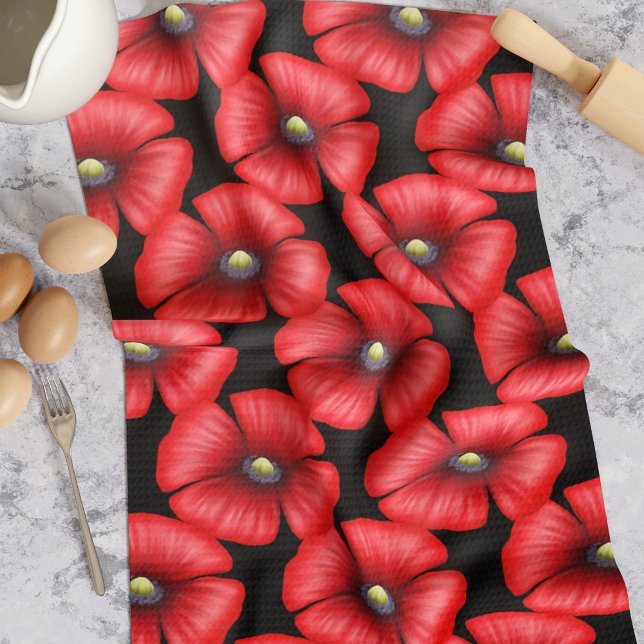 Red Poppy Flowers på Black Kitchen Towel Kökshandduk (Pop a poppy kitchen towel in your kitchen for a lovely pop of color. Makes a great housewarming gift)