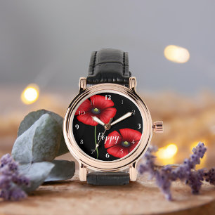 Red Poppy Flowers på Black Personlig Armbandsur