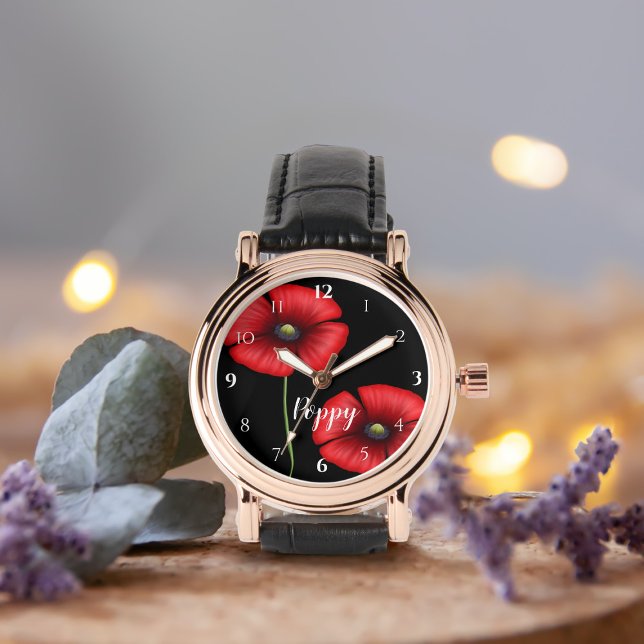 Red Poppy Flowers på Black Personlig Armbandsur (Add your  name to this pretty poppy watch)