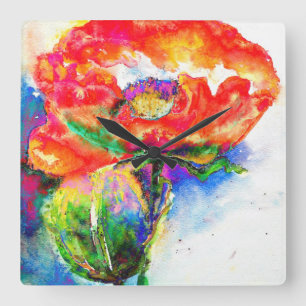 Red Poppy Fyrkantig Klocka