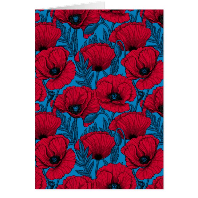 Red poppy garden on blue hälsningskort (Framsidan)