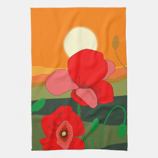 Red Poppy Meadow vid Sunset Kökshandduk (Vertikal)