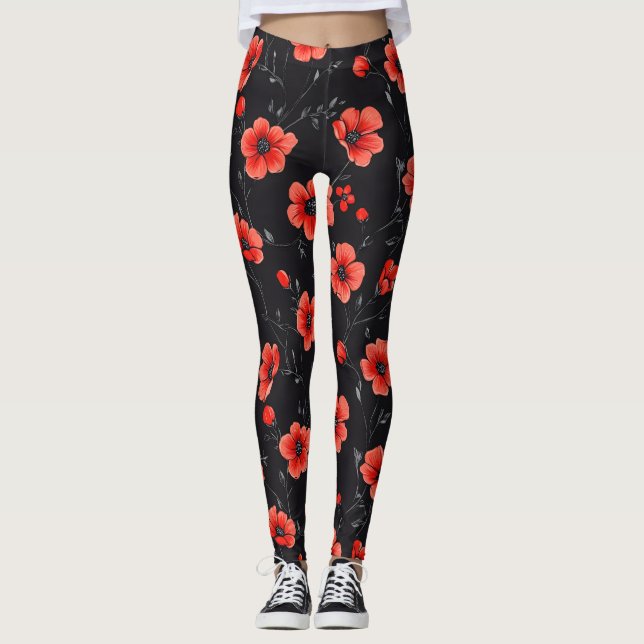 Red Poppy Mönster Leggings (Framsida)
