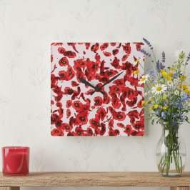 Red Poppy Mönster Rosa Wall Clock Fyrkantig Klocka