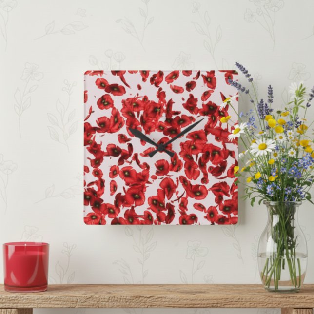 Red Poppy Mönster Rosa Wall Clock Fyrkantig Klocka (Embrace nature's beauty with this exquisite red poppy petal pattern clock.)
