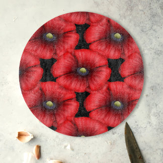 Red Poppy Mönster Round Black Glass Cactionboard