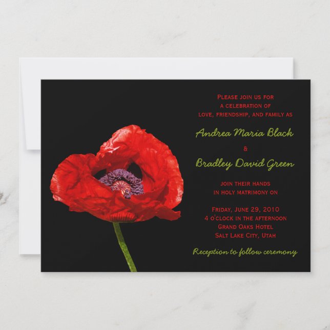 Red Poppy on Black Wedding-inbjudan Inbjudningar (Framsida)