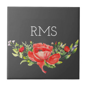 Red Poppy on Grått Anpassade Monogram Kakelplatta