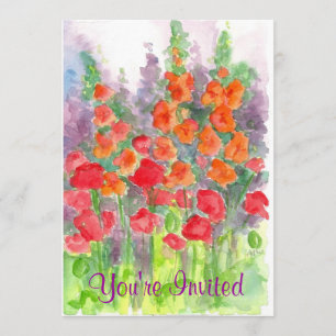 Red Poppy Orange Gladiola Watercolor Flowers Party Inbjudningar