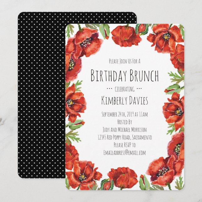 Red Poppy Polka Dot Birthday Brunch Inbjudningar (Fram/baksida)