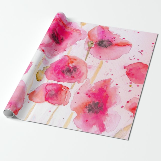 Red Poppy Poppies Flower Floral Watercolor Presentpapper (Utrullad)