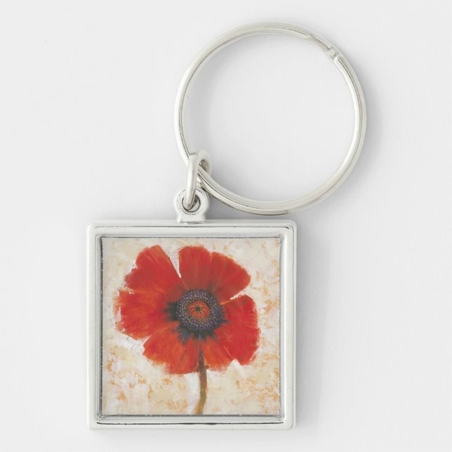 Red Poppy Porträtt Fyrkantig Silverfärgad Nyckelring (Framsidan)