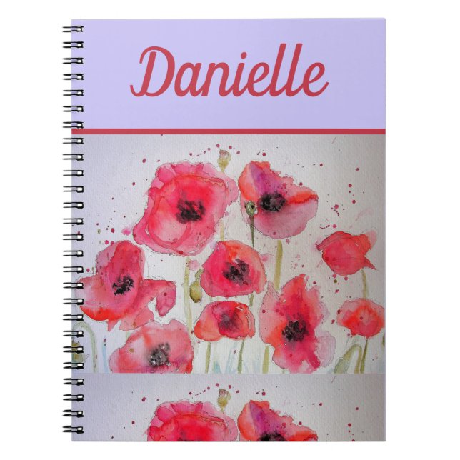 Red Poppy Red Flower Watercolor Art Women Namn Anteckningsbok (Framsidan)