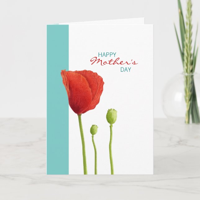 Red Poppy teal Mors dag Card Kort (Framsida)