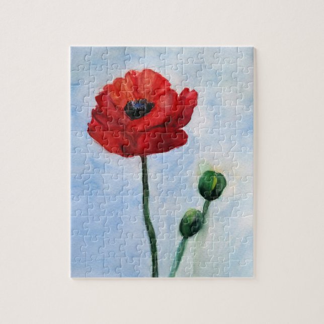 Red Poppy Watercolor Art Art Puzzle Pussel (Vertikal)