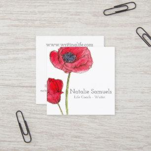 Red Poppy Watercolor Flower Fyrkantigt Visitkort