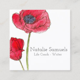Red Poppy Watercolor Flower Fyrkantigt Visitkort