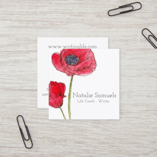 Red Poppy Watercolor Flower Fyrkantigt Visitkort (Fram/Back In Situ)