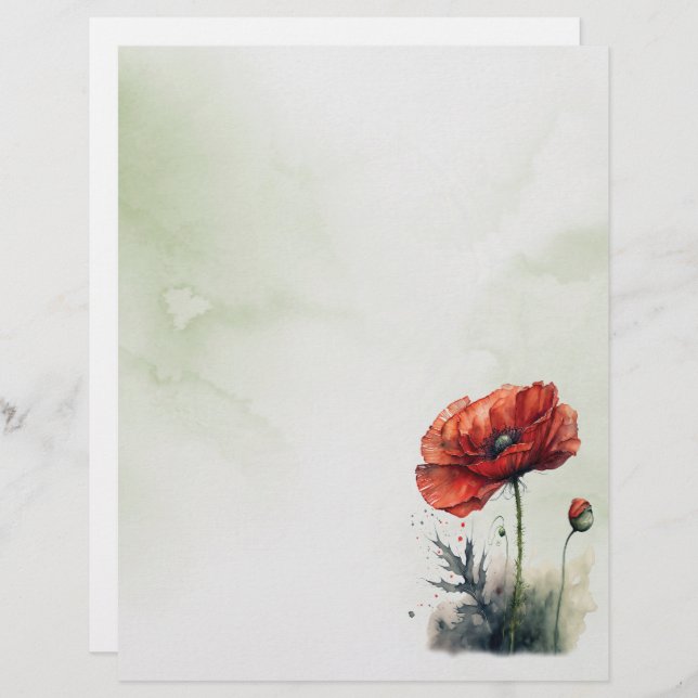 Red Poppy Watercolor Stil Stationery Papper (Fram/baksida)