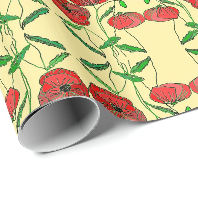 Red Poppy Wrapping Papper - Välj Färg Presentpapper (Rullad Hörn)