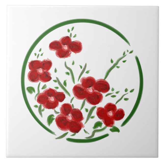 Red Posey Circle Decorative Tile Kakelplatta (Framsidan)