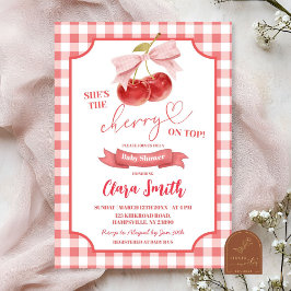 Red Preppy Coquette Cherry on Top Baby Shower Inbjudningar