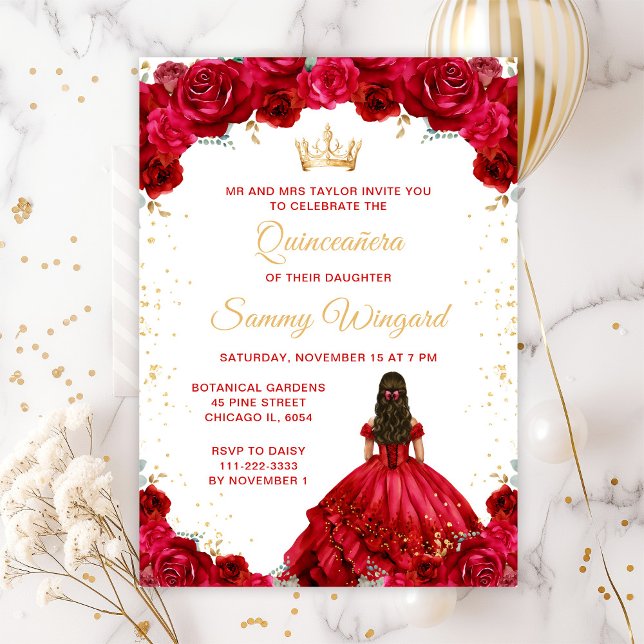 Red Princess Blommigt Quinceañera Inbjudningar (Skapare uppladdad)
