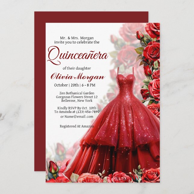 Red Princess Dress Quinceanera Invitation Inbjudningar (Fram/baksida)