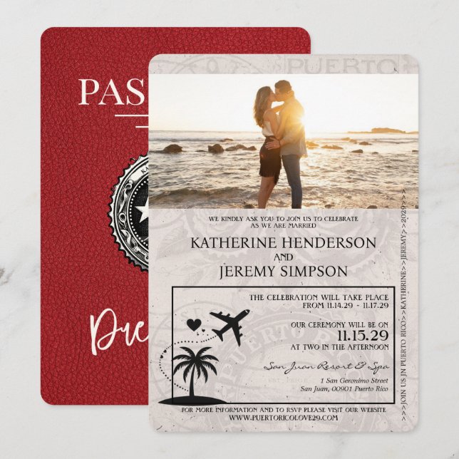 Red Puerto Rico Passport Wedding bjudande Inbjudningar (Fram/baksida)