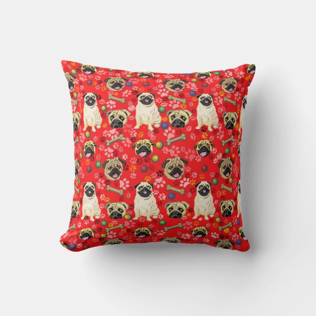 Red Pug Print Cushion Kudde (Framsida)