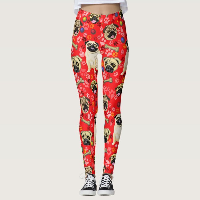 Red Pug Print Leggings (Framsida)