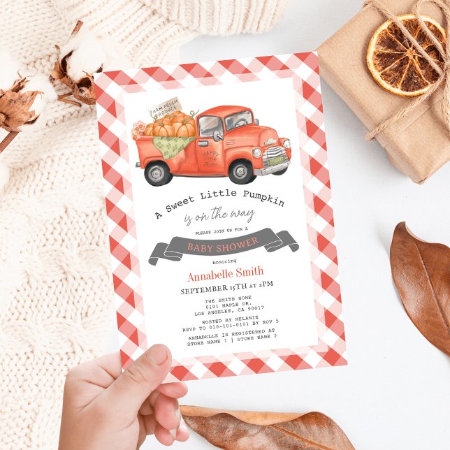 Red Pumpkin Lastbil Gingham Baby Shower Inbjudningar (Skapare uppladdad)