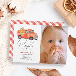 Red Pumpkin Lastbil Gingham Photo 1st Birthday Inbjudningar