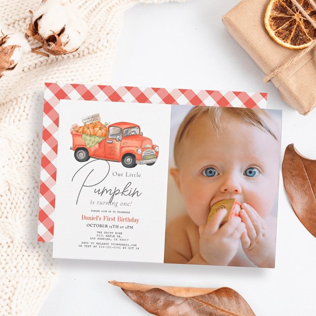 Red Pumpkin Lastbil Gingham Photo 1st Birthday Inbjudningar (Skapare uppladdad)